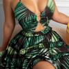 Summer Hollow Strap V-neck Temperament Hanging Neck Printed Halter Dress for Women