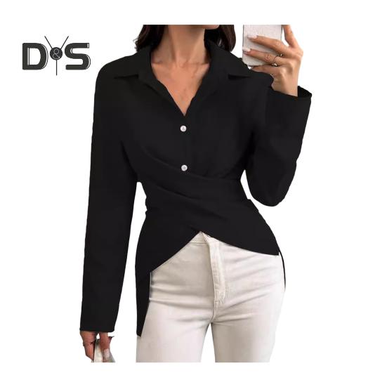 Damen-Hemd mit Revers, lange Ärmel, einreihig, Oberteile, einfarbig, Knopfleiste, Herbsthemd für den Alltag
