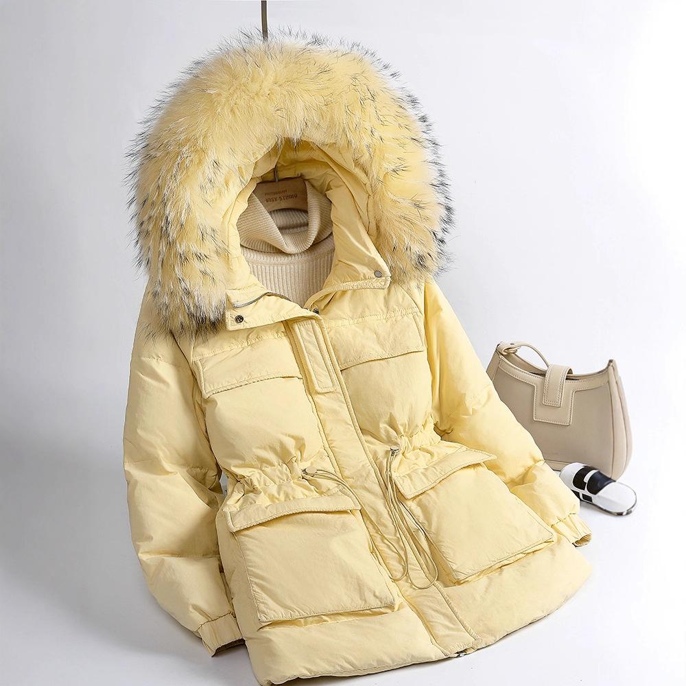 Raccoon Big Fur Collar Tooling Down Jacket Women's Winter Fashion Thickened Placket Sticker Warm Small Pie Overcome