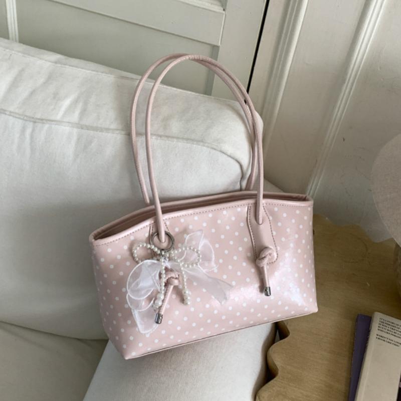 Korean Style Polka Dot Shoulder Bag For Women Elegant Underarm Bag With Pearl Bow Decor Large Capacity Daily Commuter Handbag