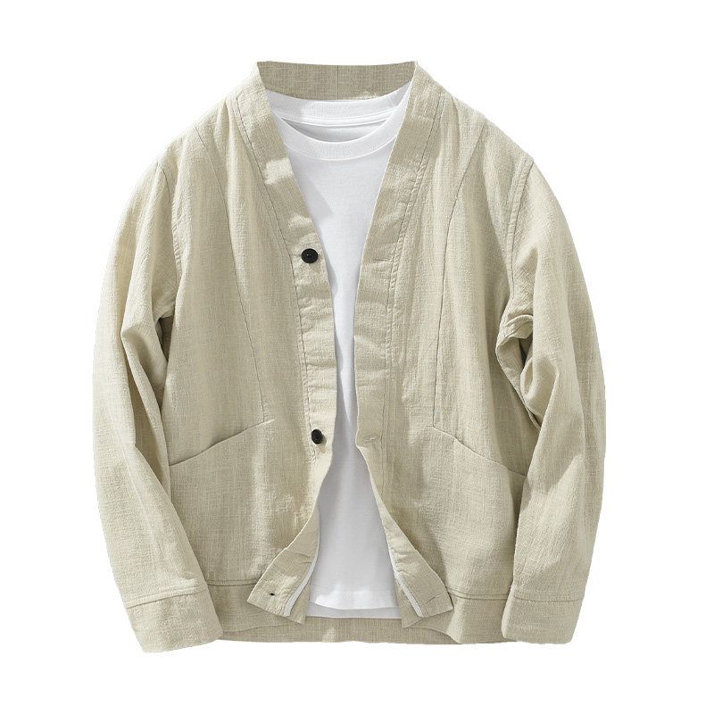 Vintage Cotton-Linen Casual Jacket for Men, Spring and Autumn, Loose Fit, Chinese Style, Solid Color, Breathable Ramie Stand Collar Coat