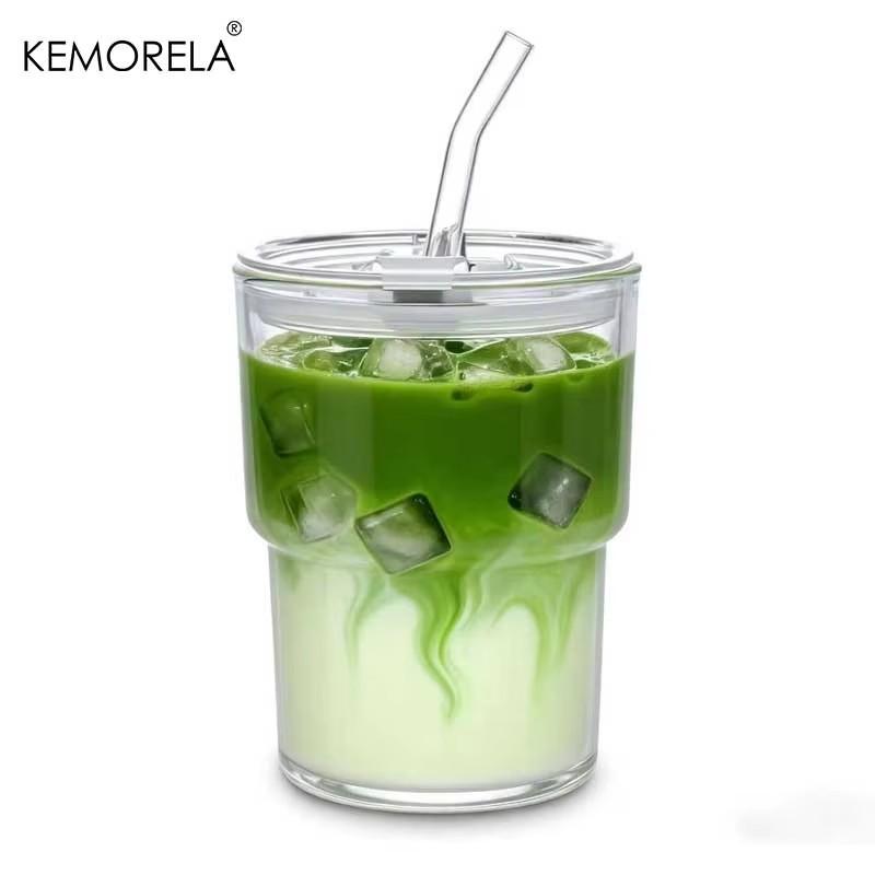 

380ML Coffee Glass Tumblers 1/2PCS Thick Wall Glass Cups with Lid and Glass Straw for Iced Coffee, Tea, Milk, Hot & Cold Drinks 380ML