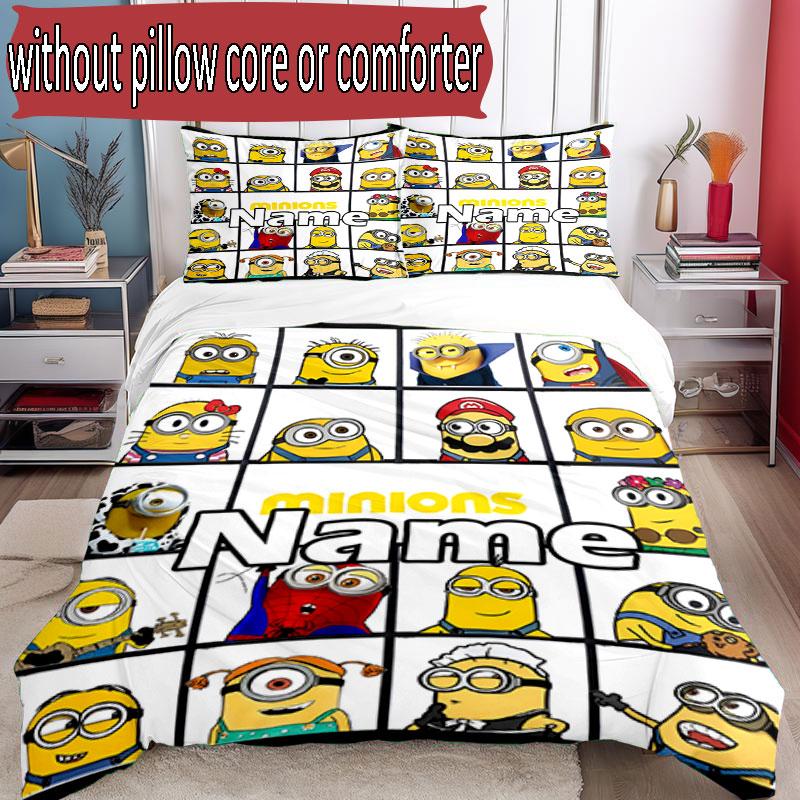 3pcs Duvet Cover Set (1*Duvet Cover + 2*Pillowcase, Without Core), Custom Name Minions Pattern Bedding Set, Home Bedroom Decor Gift