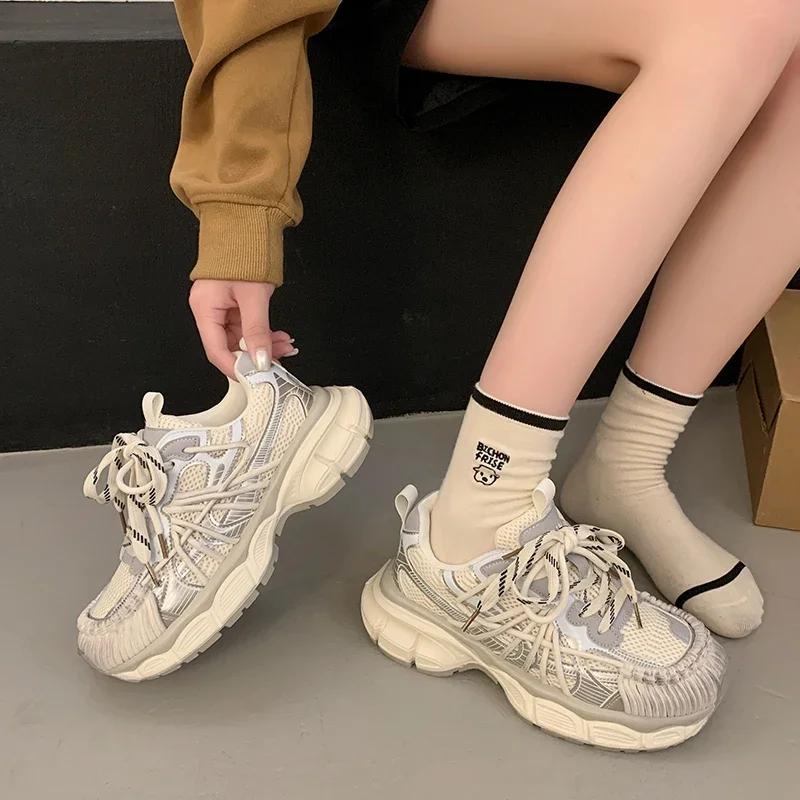 NEW Mid Heel Pumps Women's Mesh Shoes Comfy High Brand Summer Lace Up Chunky Sneaker Casual Shoes