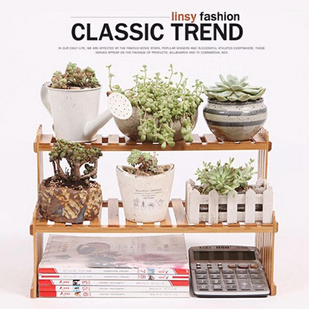 A47 2 Tier Bamboo Plant Stand Holder for Succulents/Office/Living Room/Balcony Plant Pot Display Rack Shelf