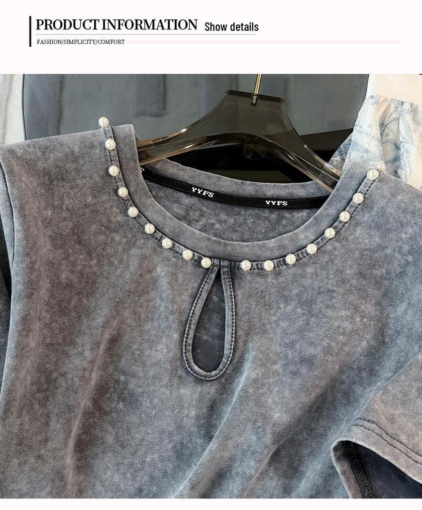 Women's Summer Slimming Midi Skirt Two-Piece Set with French Lace Stitching – Elegant and Stylish.