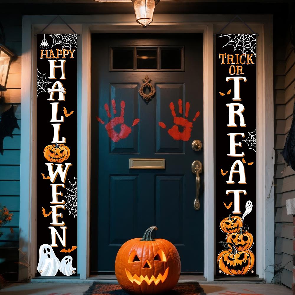 Halloween Porch Sign Pumpkin Spider Web Courtyard 1 Pair Polyester Indoor Outdoor Decor
