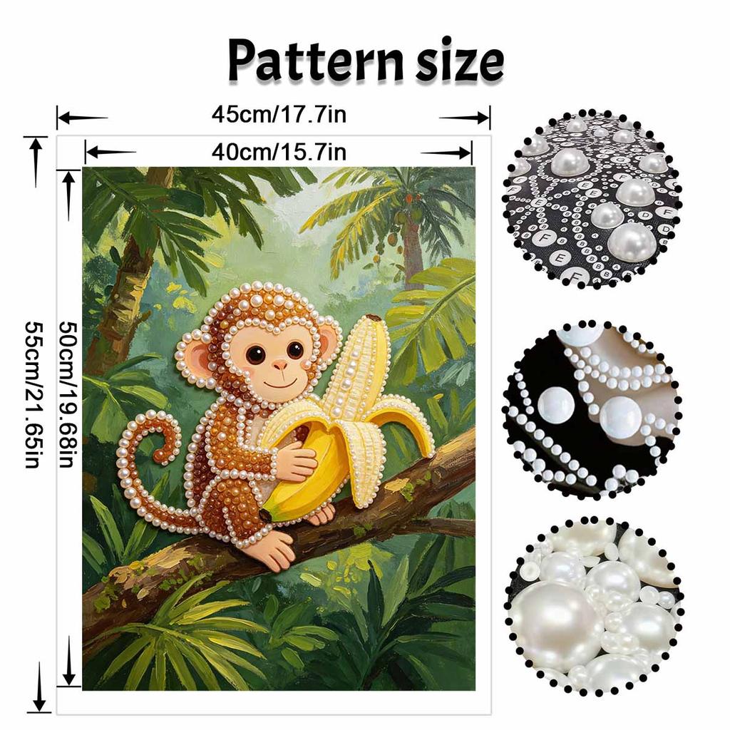 Framed Pearl Painting Kit Cute Monkey Eating Banana DIY 3D Bead Canvas Art Creative Leisure Craft Home Decoration Wall Hanging Hobby Gift