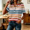 Camisa Casual de Mujer con Estampado de Rayas en Mangas Patchwork, Cuello en V con Media Botonadura, Manga Corta para Uso Diario