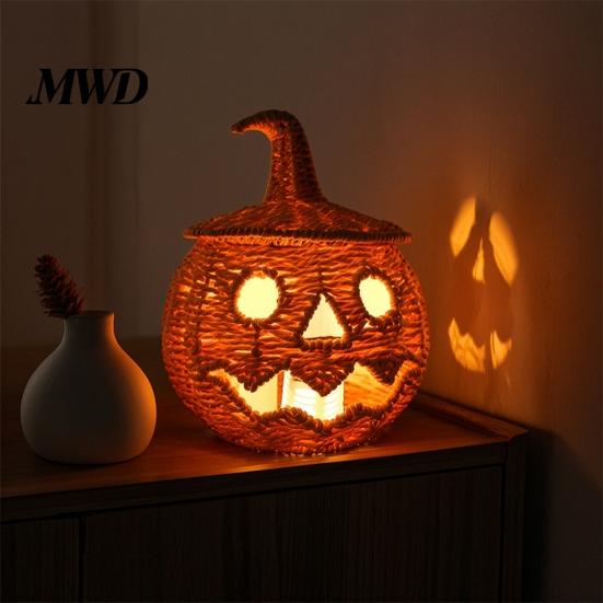 Rustieke Zeegras Opbergmand Handgeweven Halloween Pompoenmand, Spookachtige Snoepmand met Deksel, Vintage Rotan Houder Verlichte Lantaarn LED Kaars voor Tafel