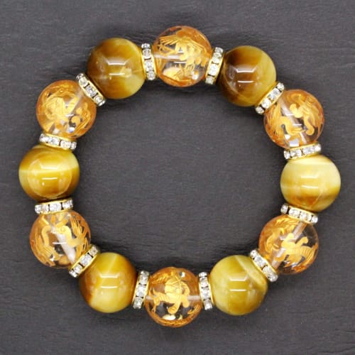 Ishiki Golden Tiger Eye 16mm Four Gods Crystal Bracelet for Men, Paulownia Wood Box Included, B062
