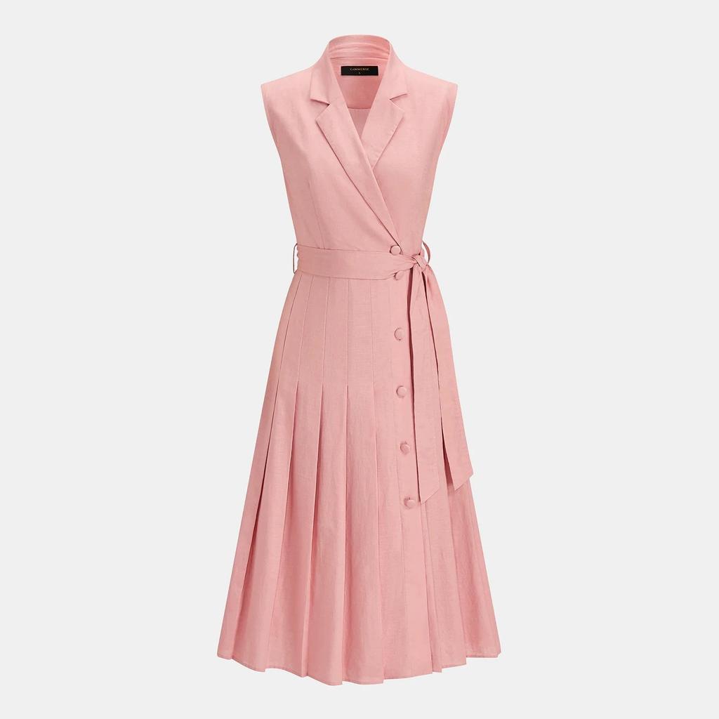 Temperament Pink Suit Collar Sleeveless Dress Waist Lace-up Pleated Commuter Gentle Wind Long Dress