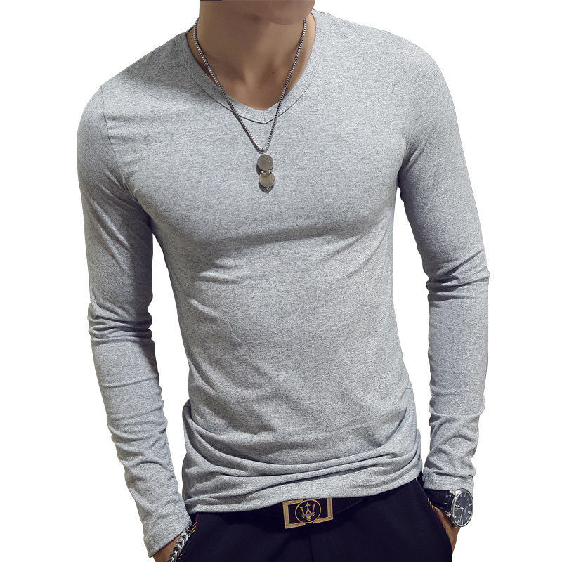 Elastic Mens T-Shirt V-Neck Long Sleeve Men T Shirt For Male Cotton T-Shirts Man Clothing TShirt Top Tees