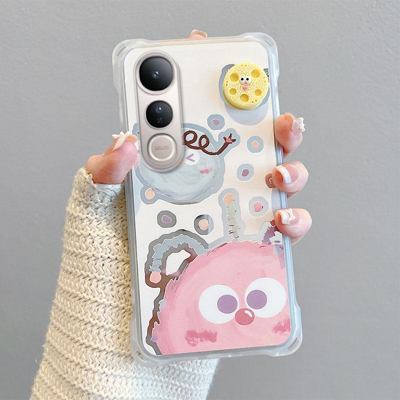 KEYSION Crossbody Strap Phone Case for VIVO V50 Lite 5G Cute Cartoon Long Lanyard Mirror Shockproof Cover for VIVO V50 Lite