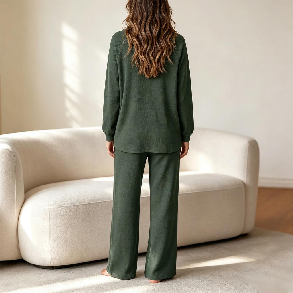 Women's 2 Piece Athleisure Set Long Sleeve Top Wide Leg Pants Loose Fit Casual Outfit