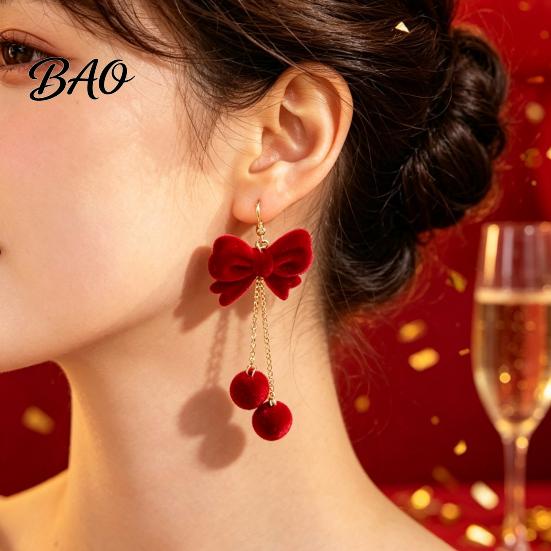 Christmas Gift for Her 1 Pair Velvet Bow Earrings Women, Red Bowknot Dangle Drop Charming Holiday Party Jewelry with Ball Charm, New Year Xmas