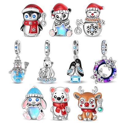Copper Christmas Snowman Reindeer Charms Penguin Beads Fit Original Bracelet Diy Jewelry Making Women'S Gift