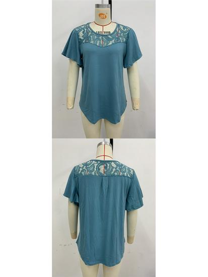 European and American Women's Solid Color Mesh Ruffle Short Sleeve T-shirt