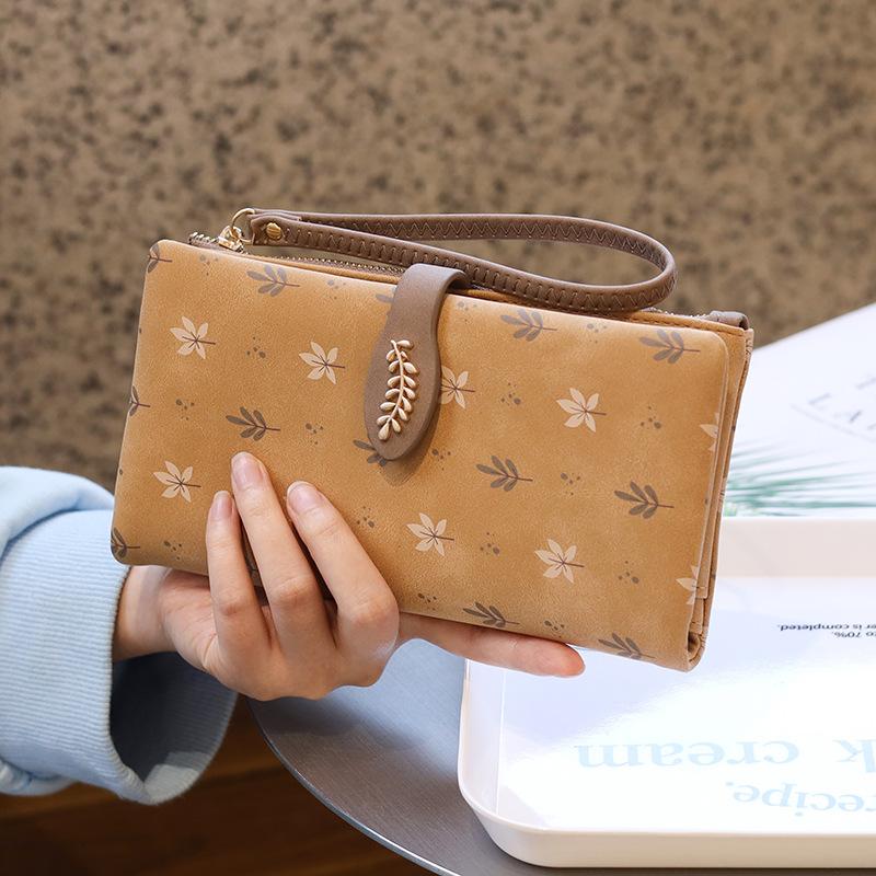 Large Capacity Floral Portable Student Handheld Long Wallet PU Printed Leaf Mobile Wallet