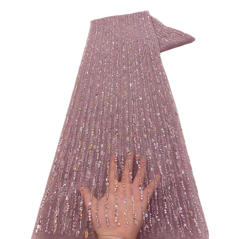 1 Yards African Luxury Beaded Tulle Lace Fabric Nigerian Handmade Heavy Sequin Lace Fabric For Diy Wedding Party Dresses