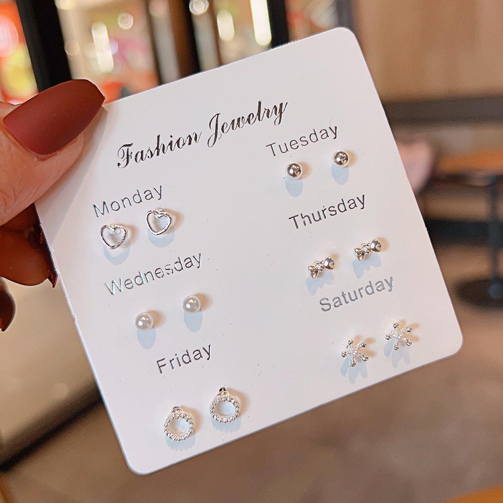 New small fresh one-week stud earrings set 1 pair combination Korean version sweet love bow fairy temperament earrings