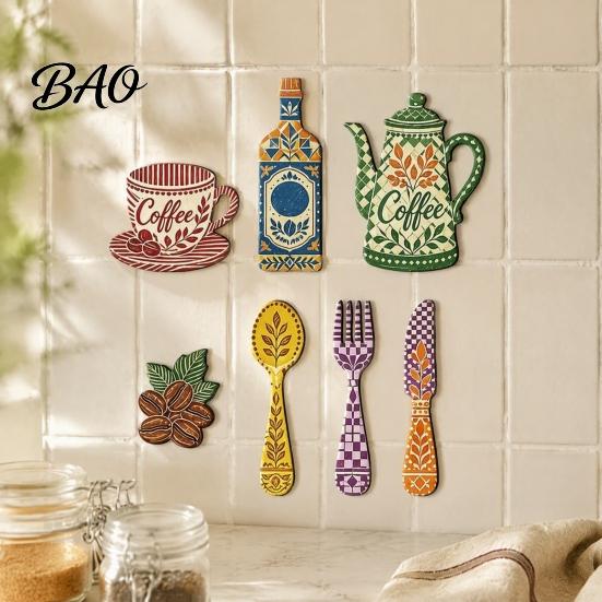 Wooden Wall Ornaments 7Pcs Coffee Themed Decor, 2D Flat Farmhouse Kitchen Art Plaques, Country Style for Dining Room Cafe Home Decoration Customizable