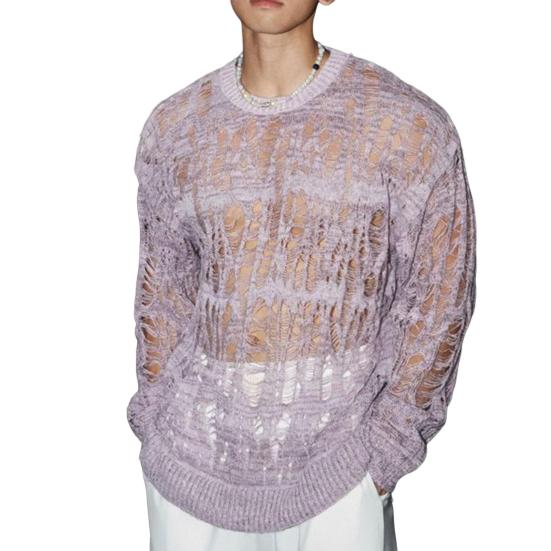 Maglie da Uomo Girocollo Manica Lunga Maglietta Lavorata a Maglia Abbigliamento Uomo Retro Traforato Rete Maglie Lavorate a Maglia Primavera Streetwear