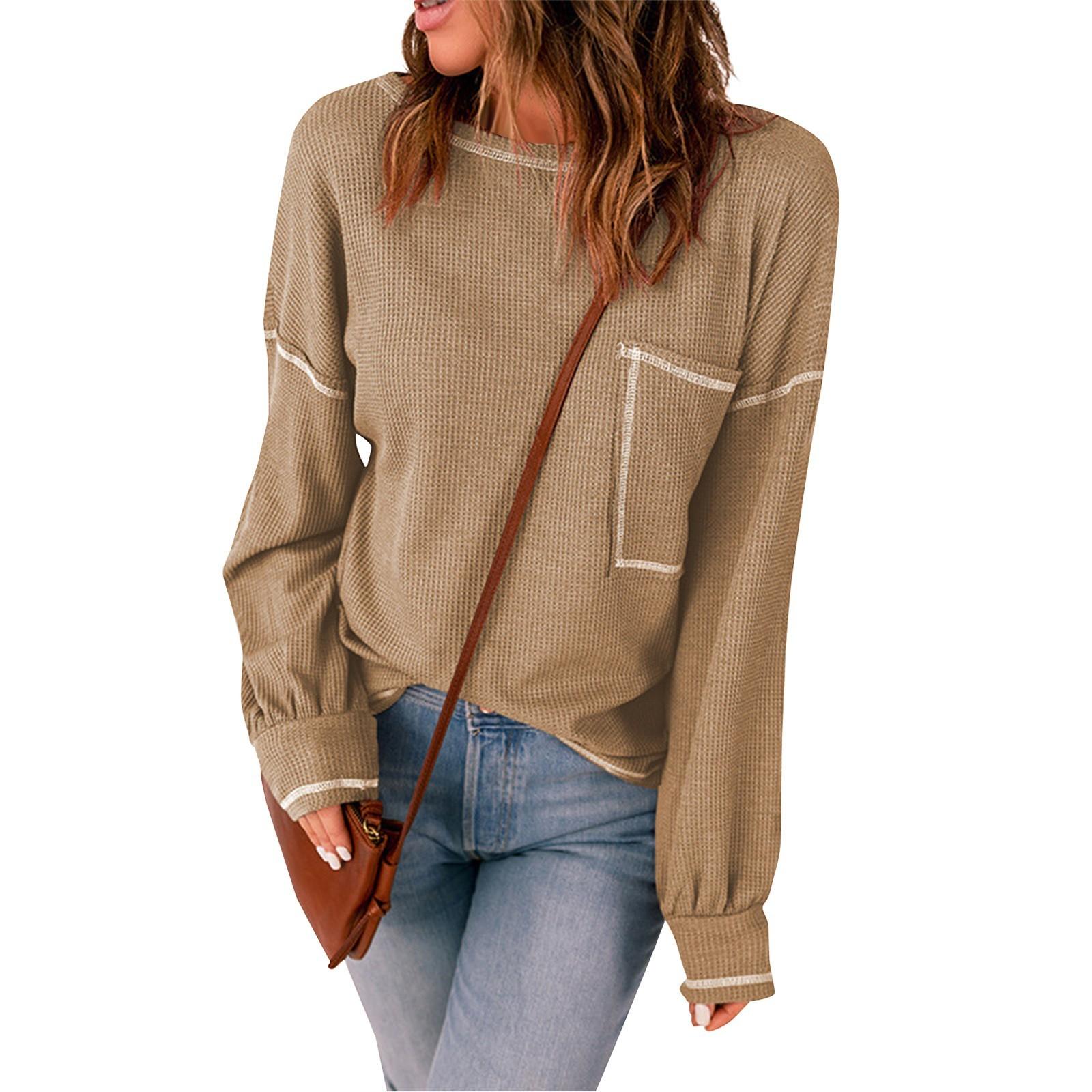 

Женский однотонный осенний вязаный топ с длинными рукавами и карманами и круглым вырезом XXL хаки