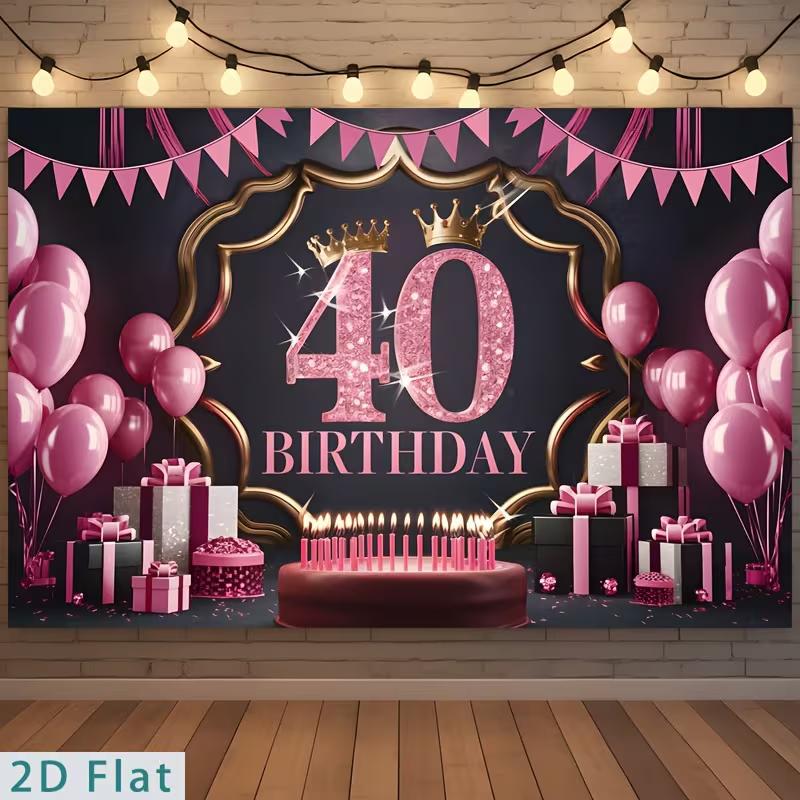 

2D 40th Birthday Photography Backdrop Pink Black Background with Crown, Balloons and Cake 47.2x31.5inch/120*80cm