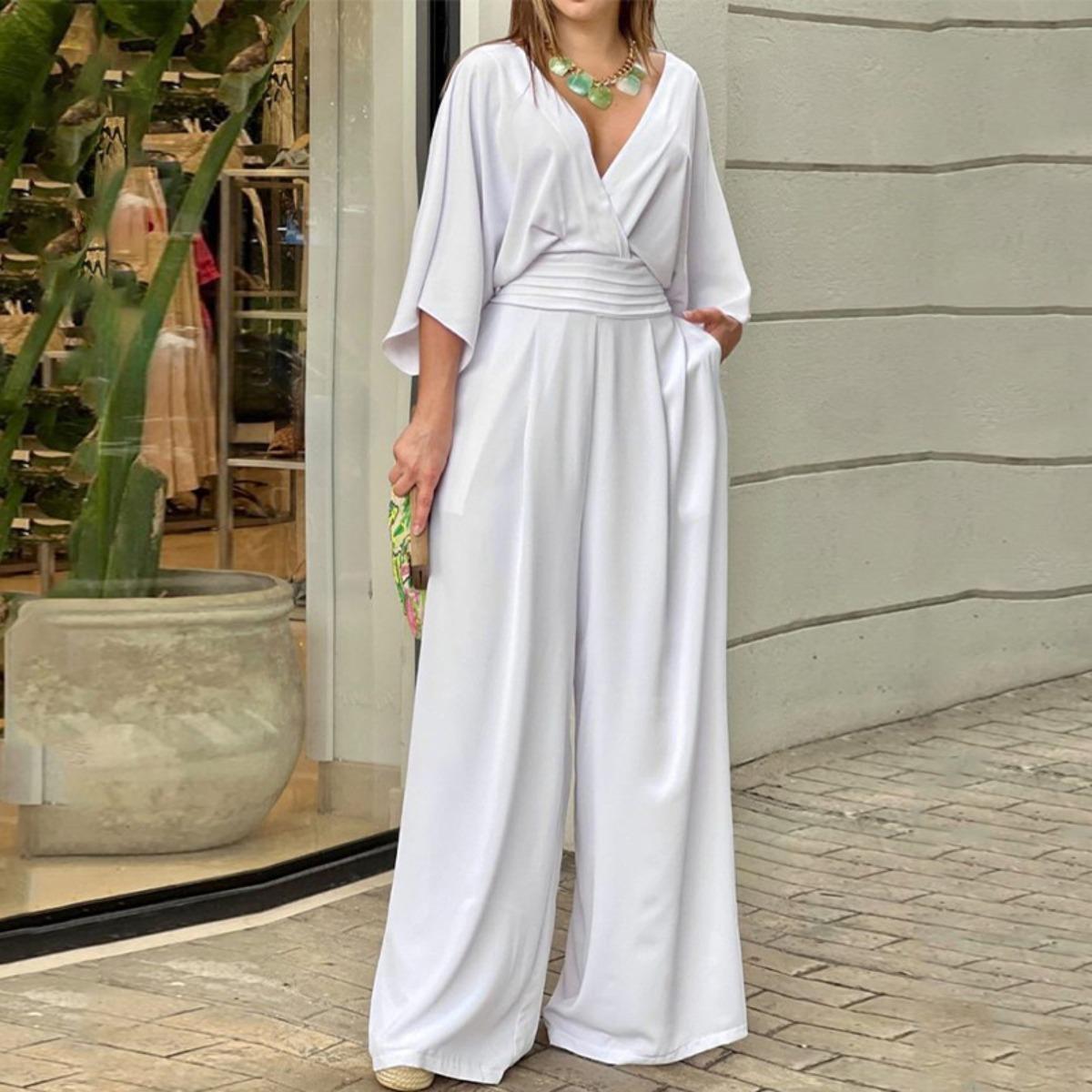 Women s V Neck Three Quarter Sleeve Jumpsuit Loose Fit High Waist Elegant Solid Wide Leg Jumpsuit S