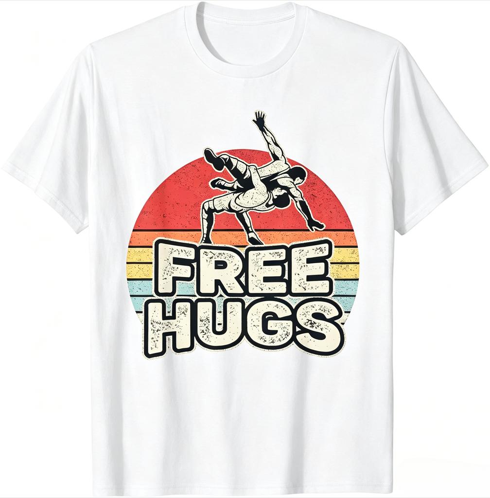 Vintage Free Hugs Wrestling Print T-Shirt Unisex Kurzarm Weiche Baumwolle Sportler Freizeit Streetwear Tee Tops