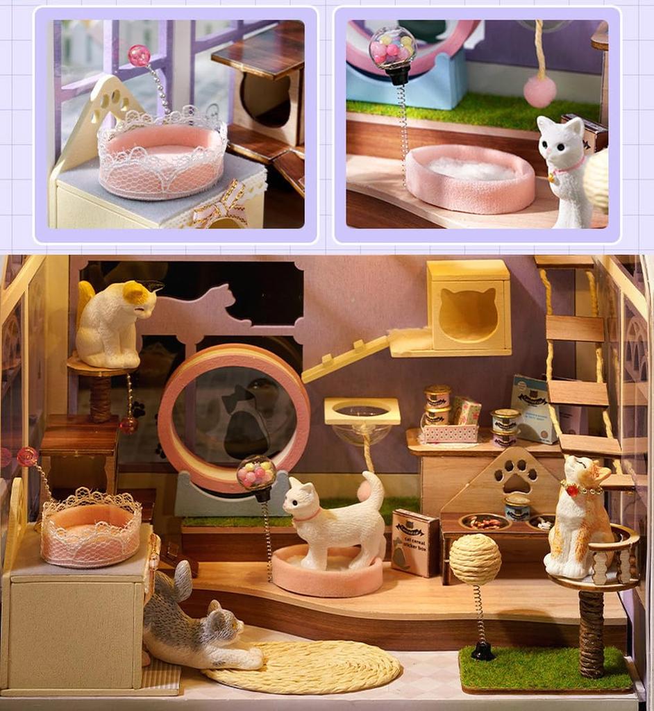 Moin moin Puppenhaus Miniatur Handgefertigtes Bausatz Set Zoohandlung Maßstab Lila Katzencafé LED Licht Spieluhr Acrylbox 2505dh462 1/24 [Englische Anleitung]