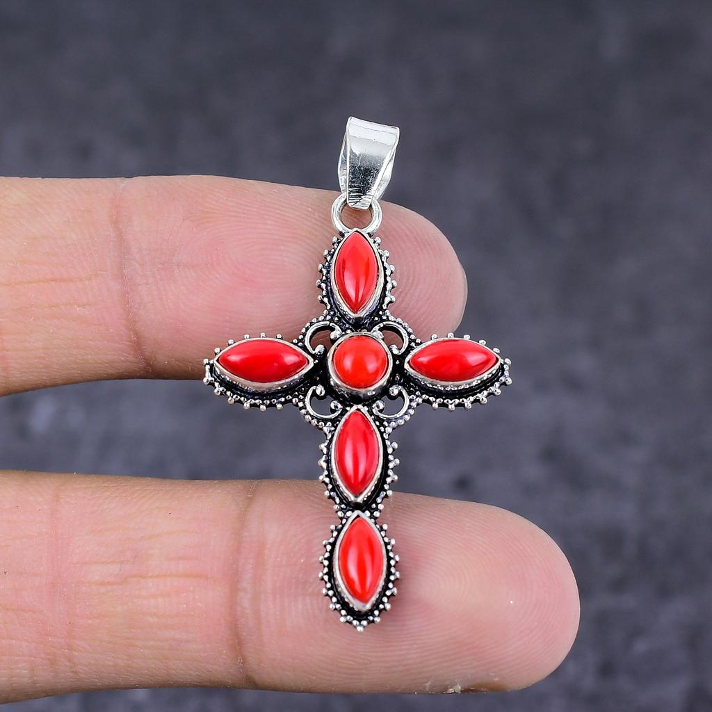Ciondolo a croce in corallo rosso italiano naturale fatto a mano in argento sterling 925 da 1,81" v4h84