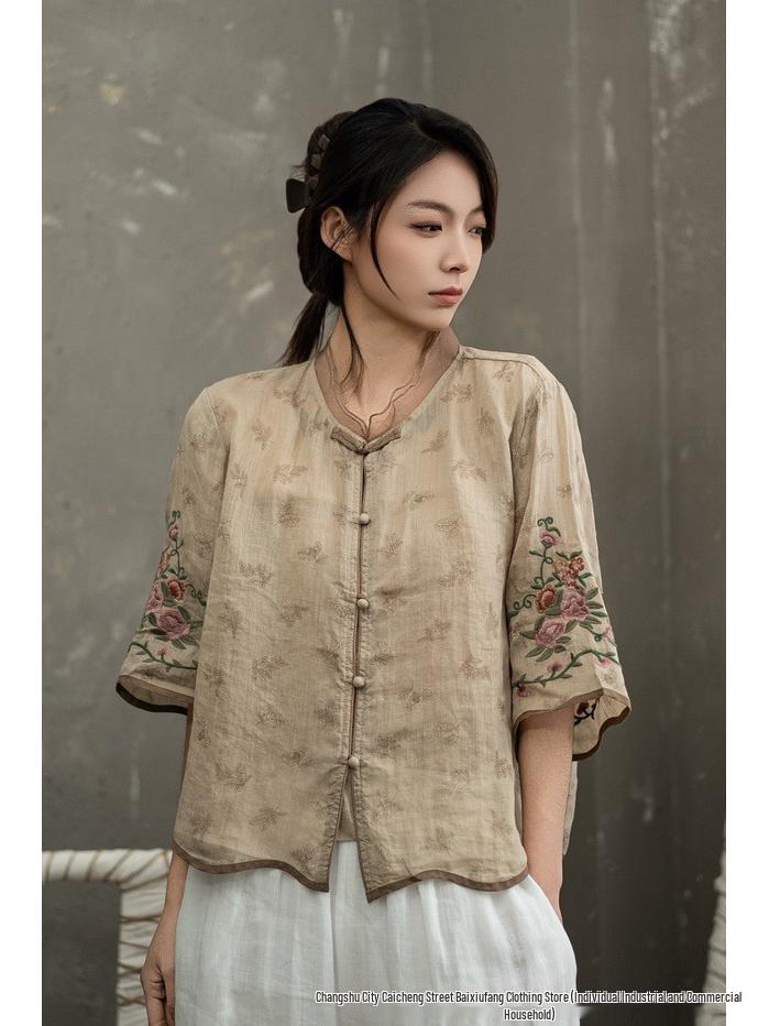 2025 Ethnic Style Ramie Shirt - Lightweight Embroidered Spring/Summer Chinese Design