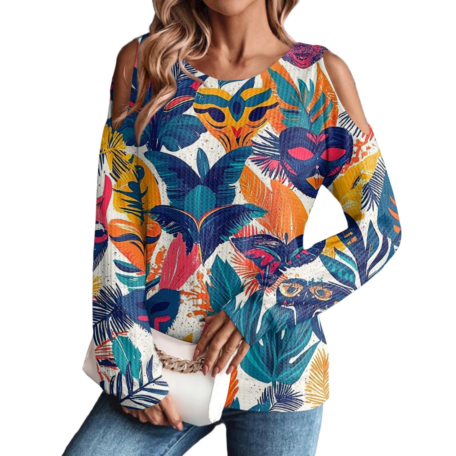 

Женская зимняя футболка оверсайз Модная с открытыми плечами Круглый вырез Винтажный цветочный принт Пуловер С длинными рукавами Топ M синий