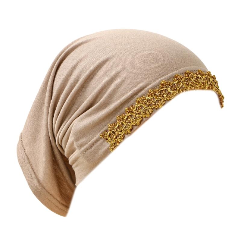Elegant Lace Trim Hijab Cap Easy To Wear Stretchy Turban Hat For Islamic Women Formal Casual Religious Event Gathering