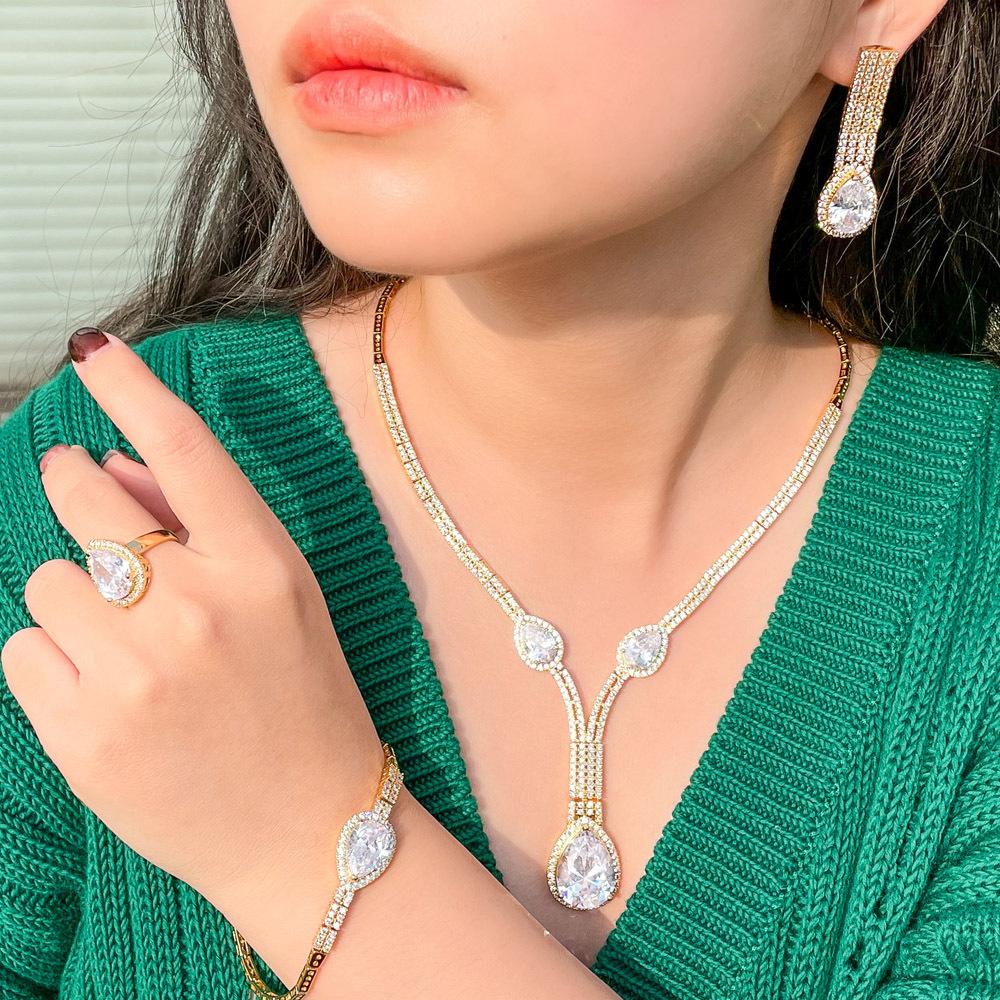 Bridal Accessories Zircon Necklace Earrings Bracelet Ring Four-Piece Set Wedding Accessories Set Chain