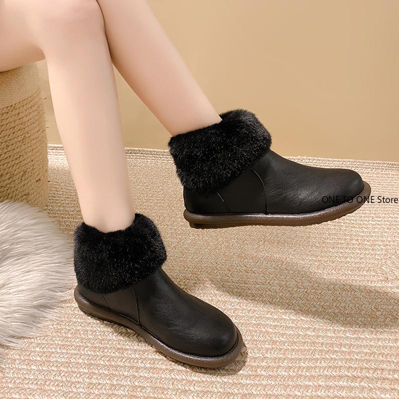 Ankle boots for women Women Boots Leather Real Fox Fur Brand Winter Shoes Warm Black Round Toe Casual Female Snow Boots