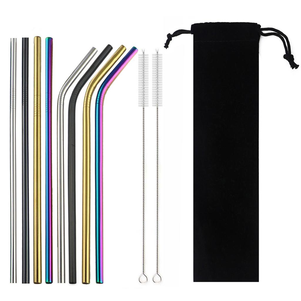 18/10 Stainless Steel Reusable Straws Gold Drinking Straw Set Mteal Straw Coffee Party Bar Straw With Cleaner Brush Portable Bag