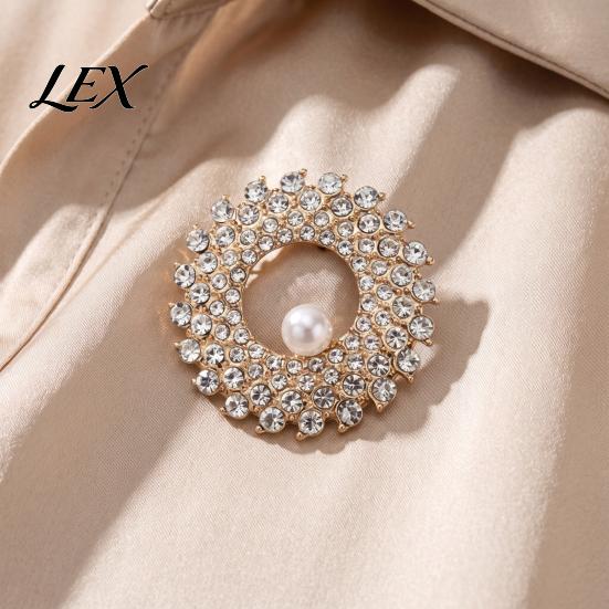Circle Lapel Pin Hollow Rhinestone Ring Brooch Pin, Bling Daily Wear with Faux Pearl, Men Women Clothing Jewelry Accessories Alloy