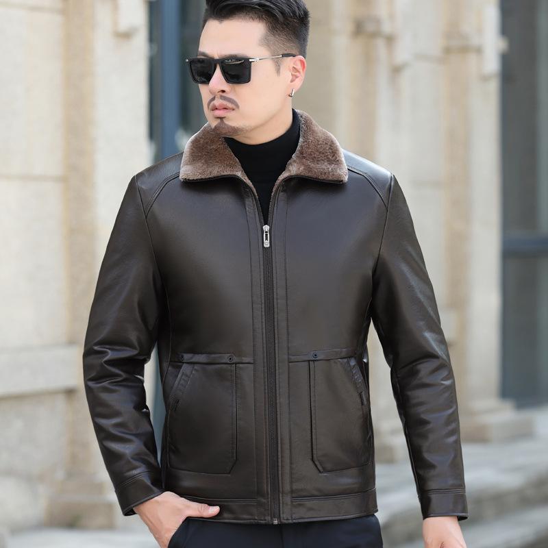 Plus Velvet and Thickened Genuine Leather Jacket for Men, Goatskin Business, Plus Fat, Oversized Fur All-in-one Jacket, Winter