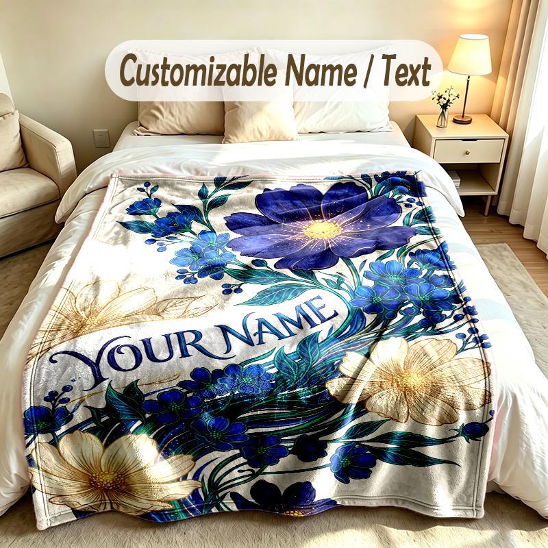 Floral Garden Theme Soft Blanket Personalized Custom Name Text Print Warm Blanket Home Sofa Bedroom Decor