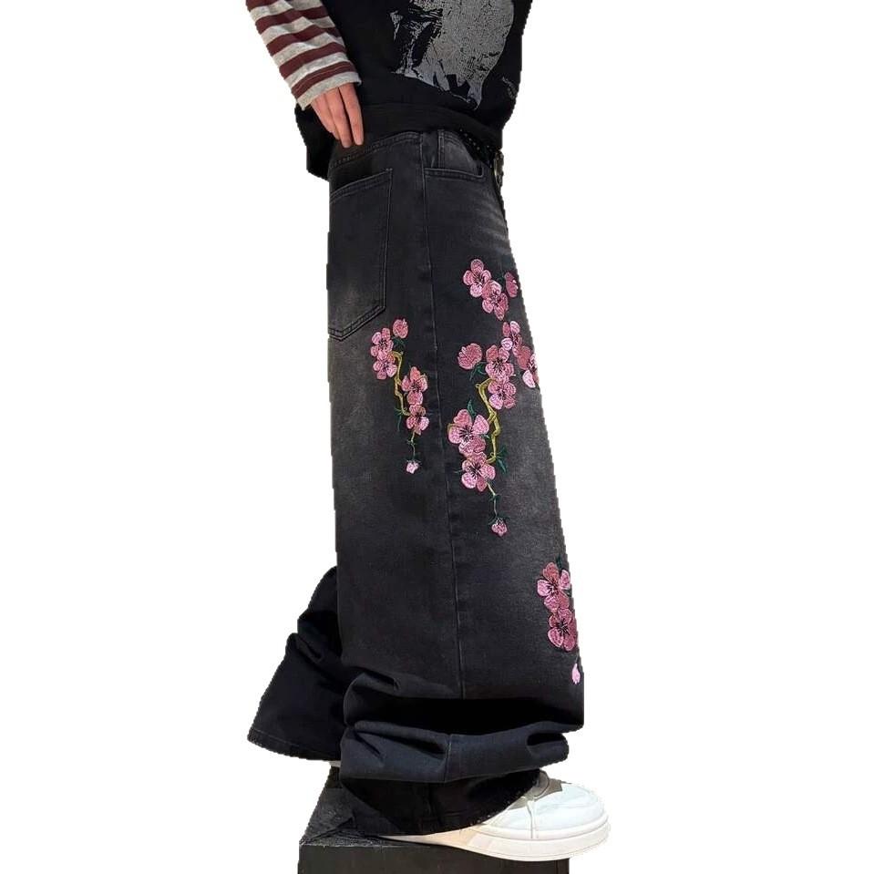 European and American jeans cherry blossom embroidered wide-leg pants washed high waist loose rough edge mopping jeans