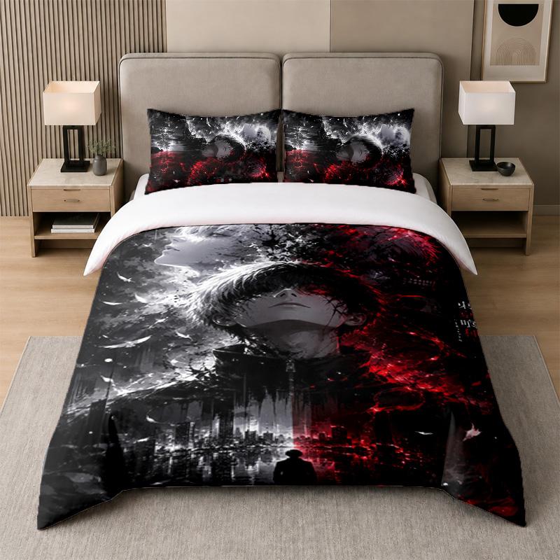 3Pcs Bed Set,Tokyo Ghoul 1 Duvet Cover and 2 Pillowcases, Printed Bedding Decor For Guest Room