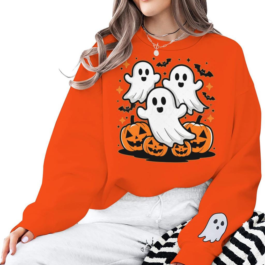 Halloween Cute Ghosts Pumpkin Print Sweatshirt Women Men Crew Neck Long Sleeve Pullover Cartoon Halloween Sweatshirts