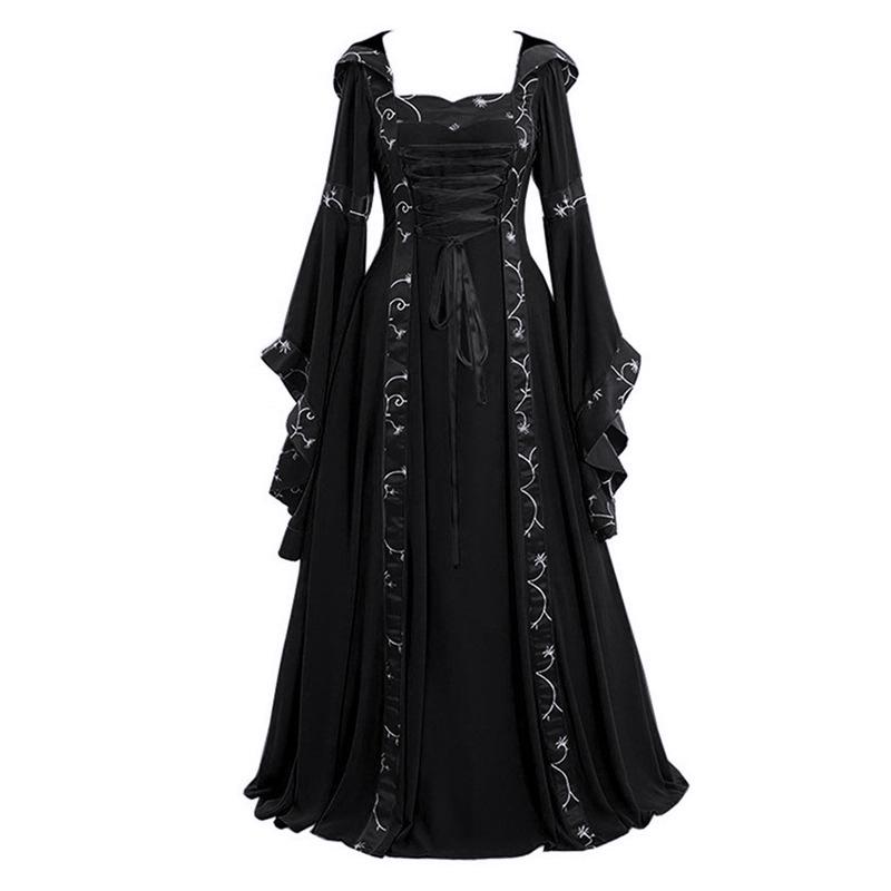 Women's Medieval Vintage Court Style Hooded Dress Square Neck Flared Sleeve Big Swing Dress