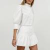 Summer cotton and linen white small stand-up collar five-quarter sleeve slim-fitting high-waisted short skirt two-piece set European and American 