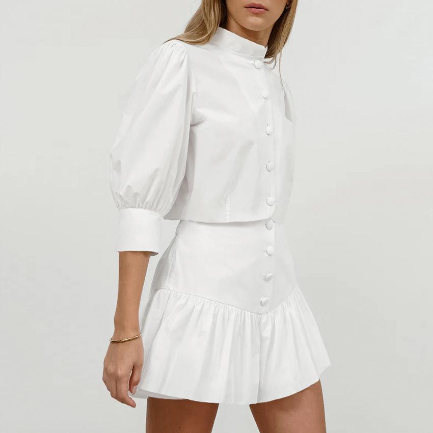 Summer cotton and linen white small stand-up collar five-quarter sleeve slim-fitting high-waisted short skirt two-piece set European and American 