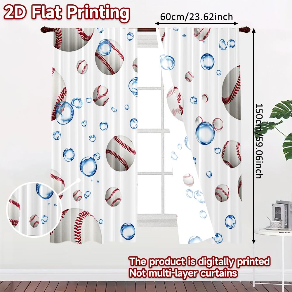 2pcs, 2D FLAT PRINTING Curtains (Without Rod) Baseball Bubbles Holiday curtains Prints Light Filtering Curtains Home Decor