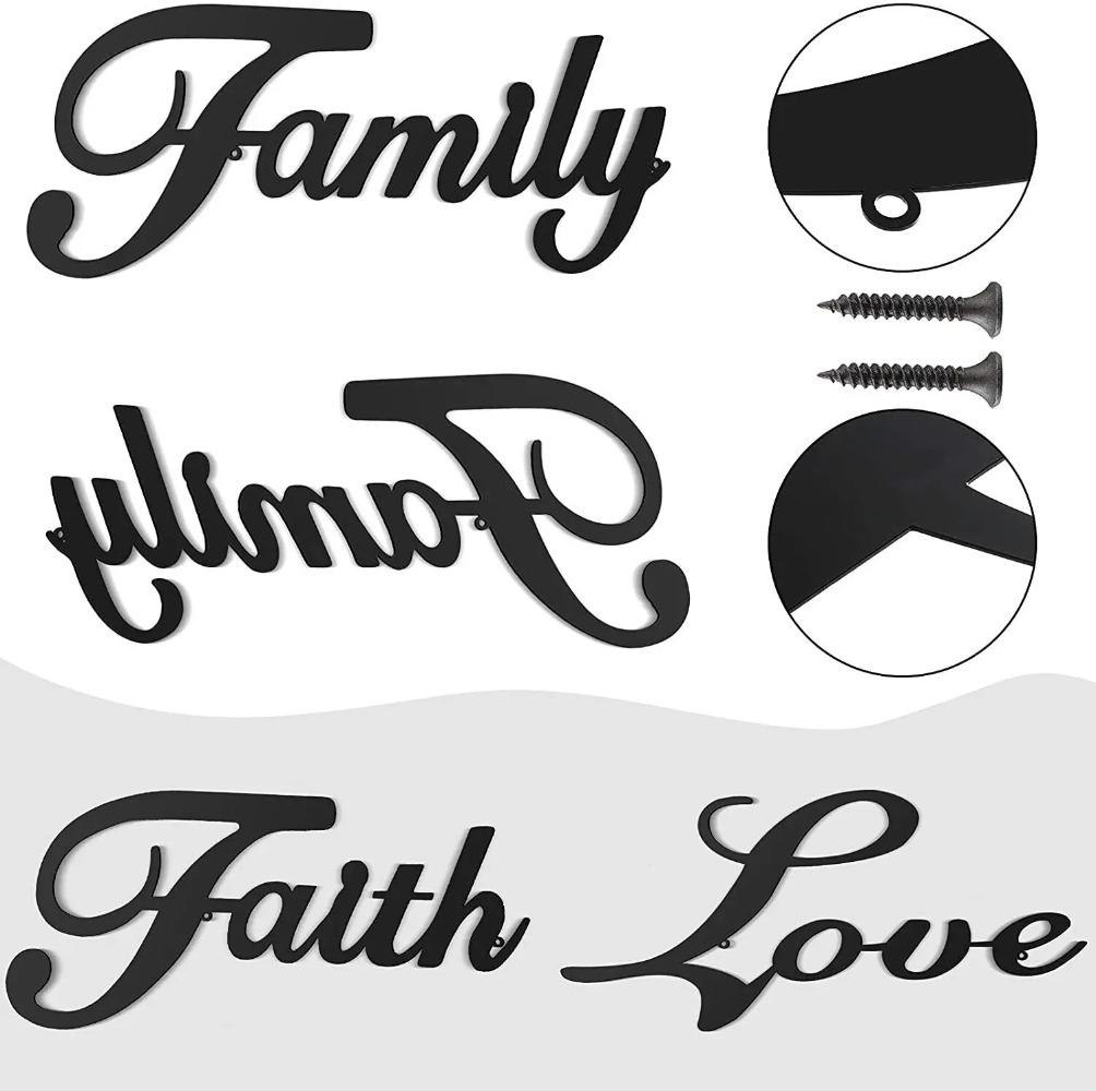 3 Pieces Metal Word Sign Set – Black Rustic 'Faith,' 'Family,' and 'Love' Wall Art, Elegant and Inspirational Metal Wall Decor